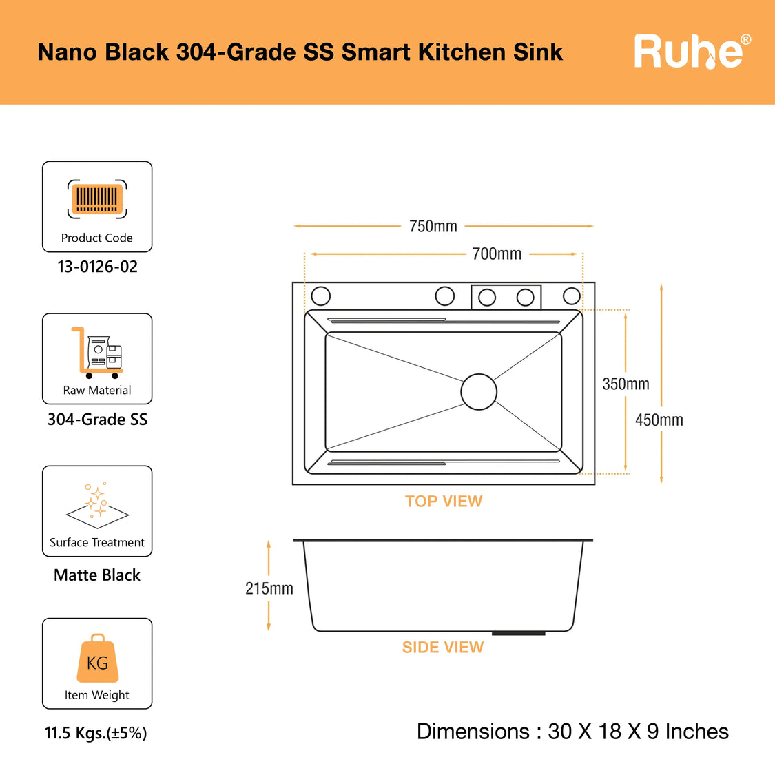Nano Smart Kitchen Sink (30 x 18 x 9 Inches)