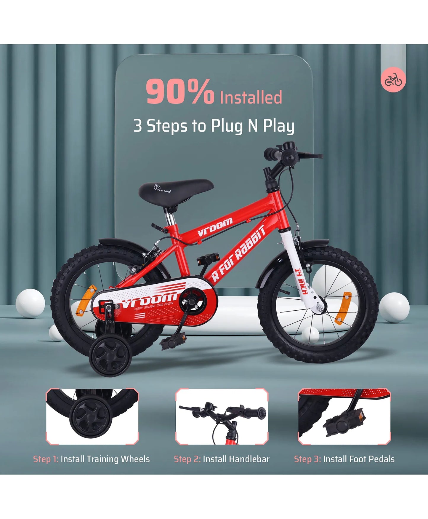 R for Rabbit R For Rabbit Vroom Bicycle for Kids Cycle for 3 to 5 Years Boys & Girls 14T Inches Training Wheels 90% Installed (Red)