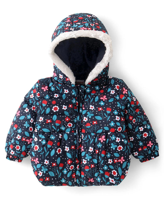 Babyhug Woven Full Sleeves Hooded Puffer Winter Wear Suit With Floral Print - Blue