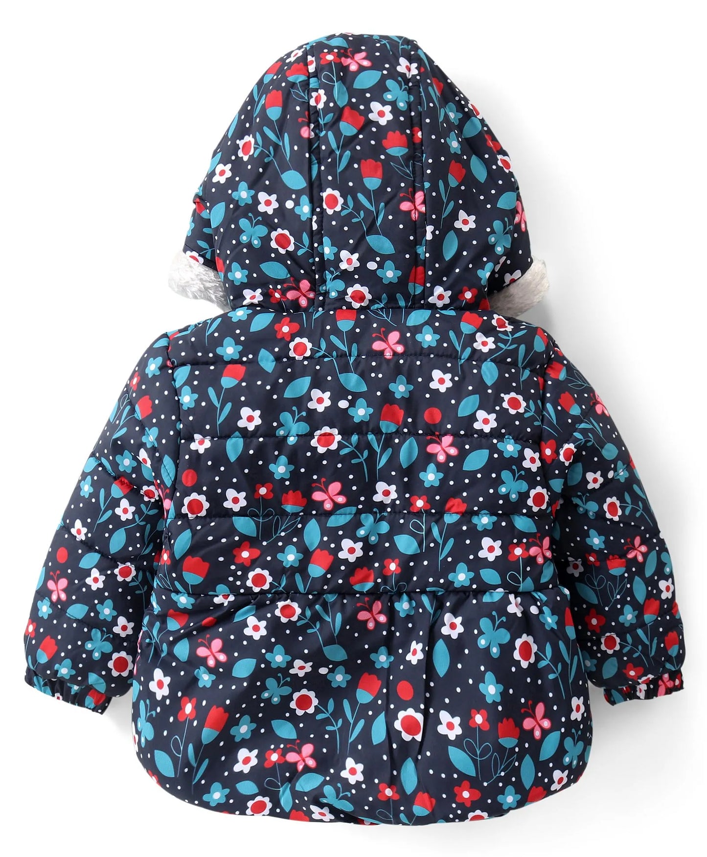 Babyhug Woven Full Sleeves Hooded Puffer Winter Wear Suit With Floral Print - Blue