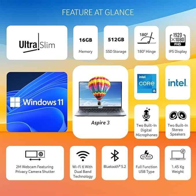 Acer Aspire 3 A324-51 Steel Grey Laptop with 13th Gen/Intel Core i5-1334U Processor/16GB RAM/512GB SSD/Intel Graphics/Win11Home & 14 inch FHD LED-Backlit IPS Display