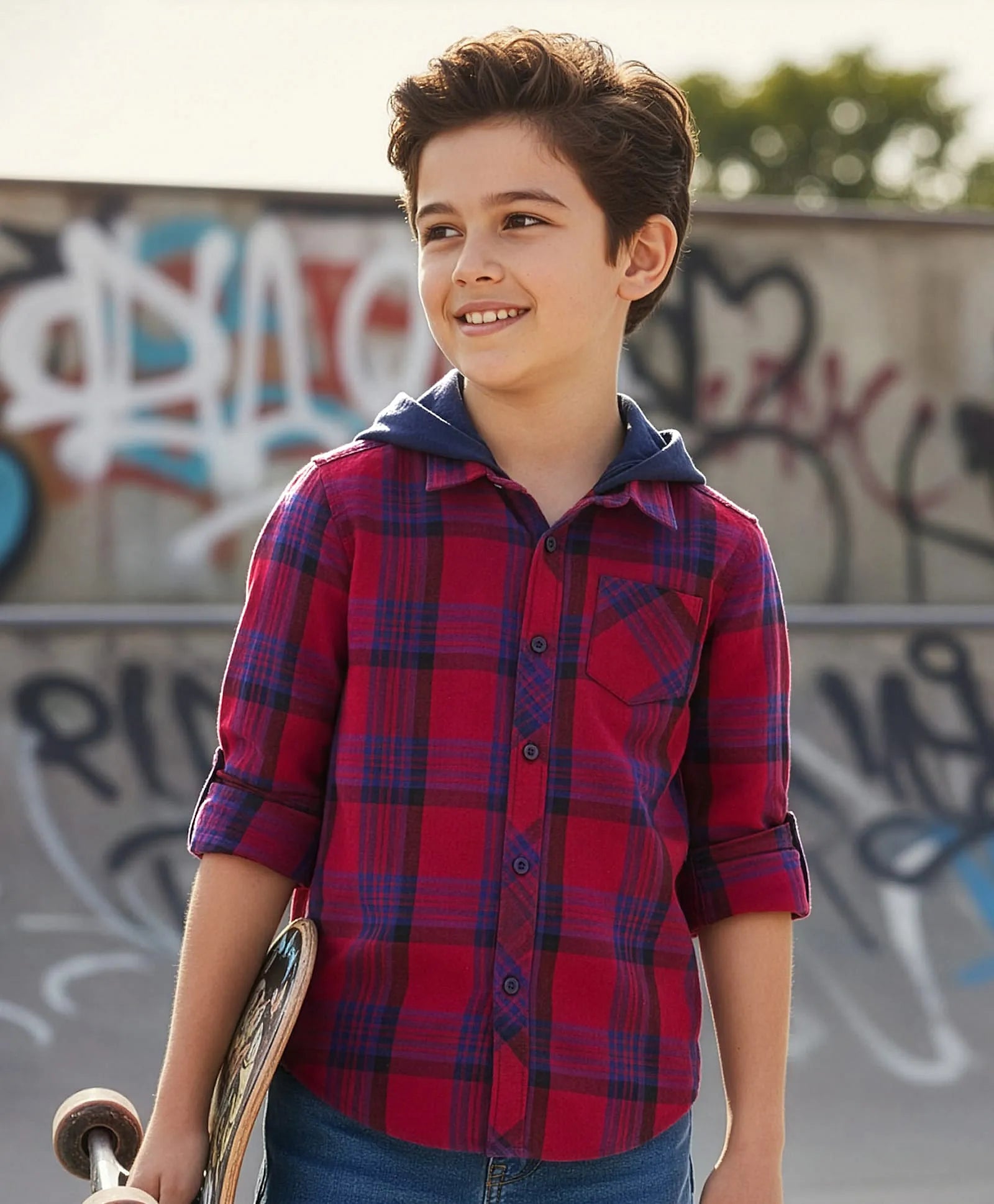 Pine Kids Cotton Woven Full Sleeves Hooded Shirt With Checks - Red