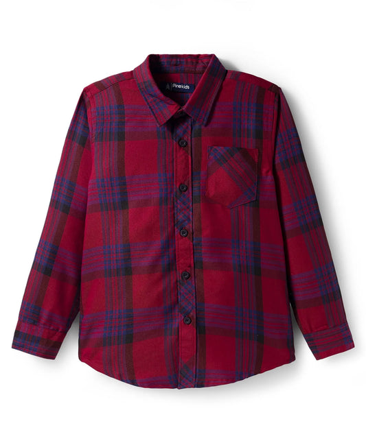 Pine Kids Cotton Woven Full Sleeves Hooded Shirt With Checks - Red