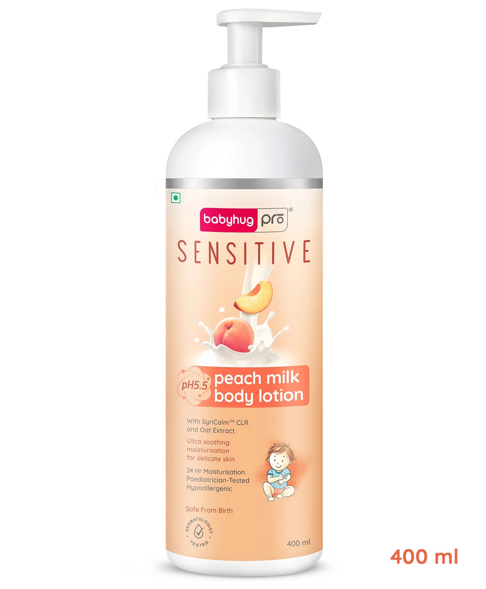 Babyhug Pro Sensitive pH 5.5 Peach Milk Lotion - 400 ml 24 Hr Moisturisation Skin Deep Hydration Light Weight Paediatrician & Dermatologist Tested Safe Hypoallergenic Formula 0+ m