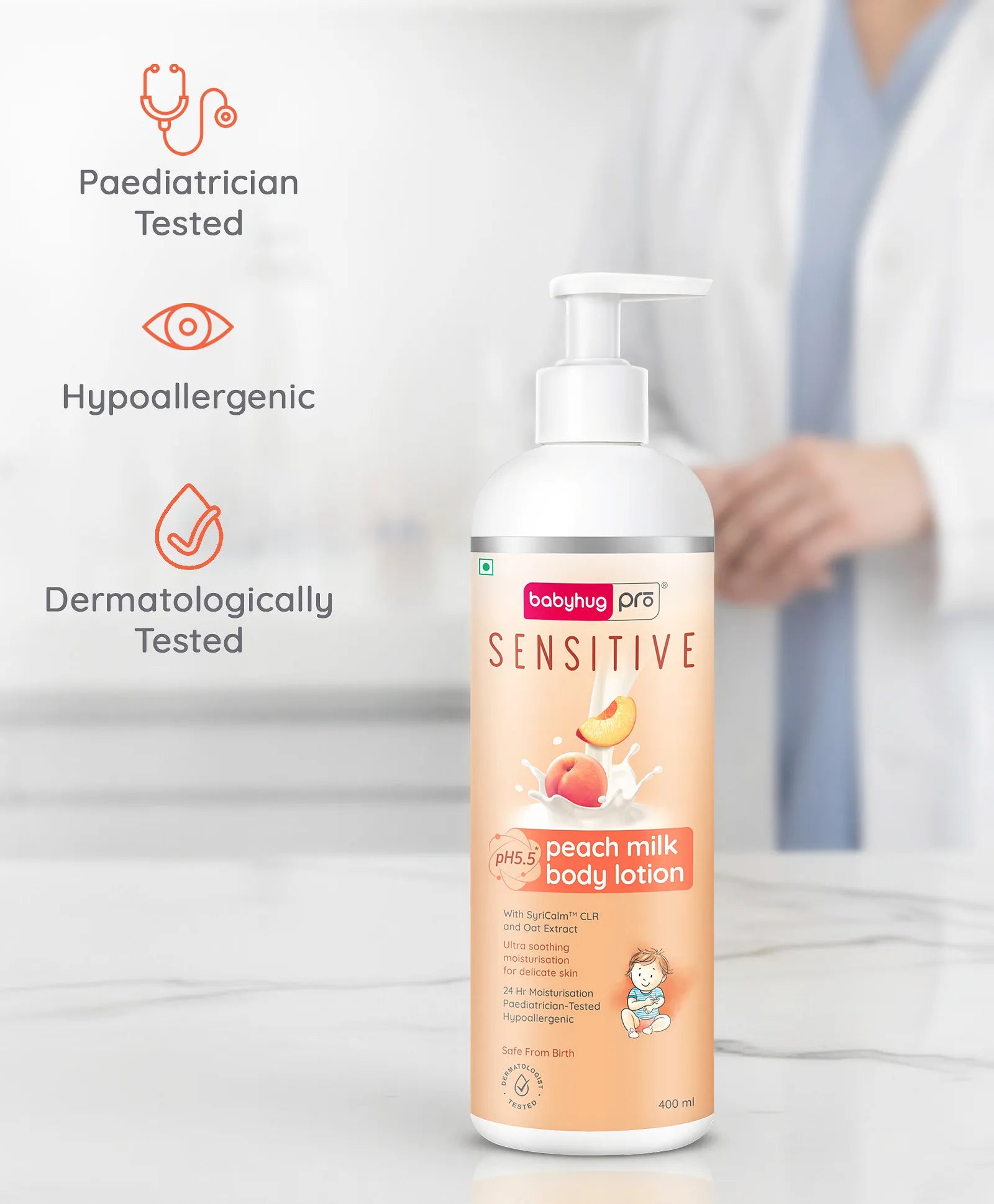 Babyhug Pro Sensitive pH 5.5 Peach Milk Lotion - 400 ml 24 Hr Moisturisation Skin Deep Hydration Light Weight Paediatrician & Dermatologist Tested Safe Hypoallergenic Formula 0+ m
