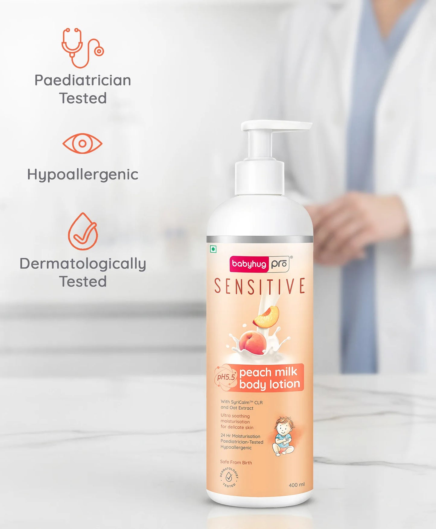 Babyhug Pro Sensitive pH 5.5 Peach Milk Lotion - 400 ml 24 Hr Moisturisation Skin Deep Hydration Light Weight Paediatrician & Dermatologist Tested Safe Hypoallergenic Formula 0+ m