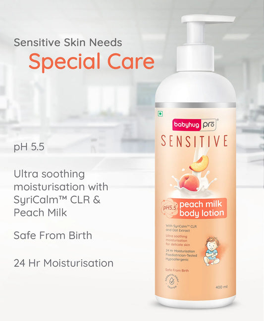 Babyhug Pro Sensitive pH 5.5 Peach Milk Lotion - 400 ml 24 Hr Moisturisation Skin Deep Hydration Light Weight Paediatrician & Dermatologist Tested Safe Hypoallergenic Formula 0+ m