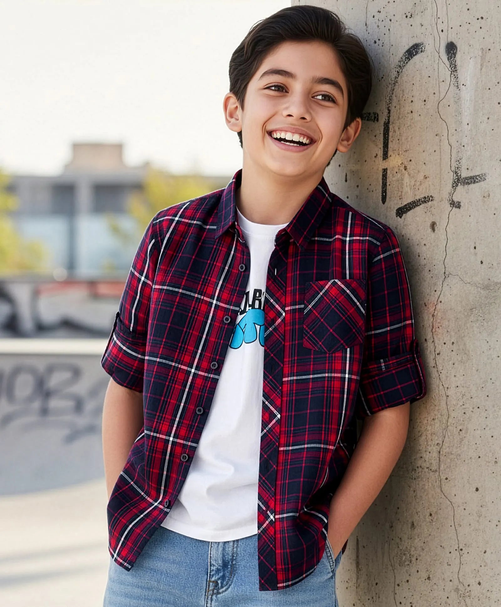 Pine Kids Cotton Woven Full Sleeves Check Shirt with Inner T-Shirt - Red & White