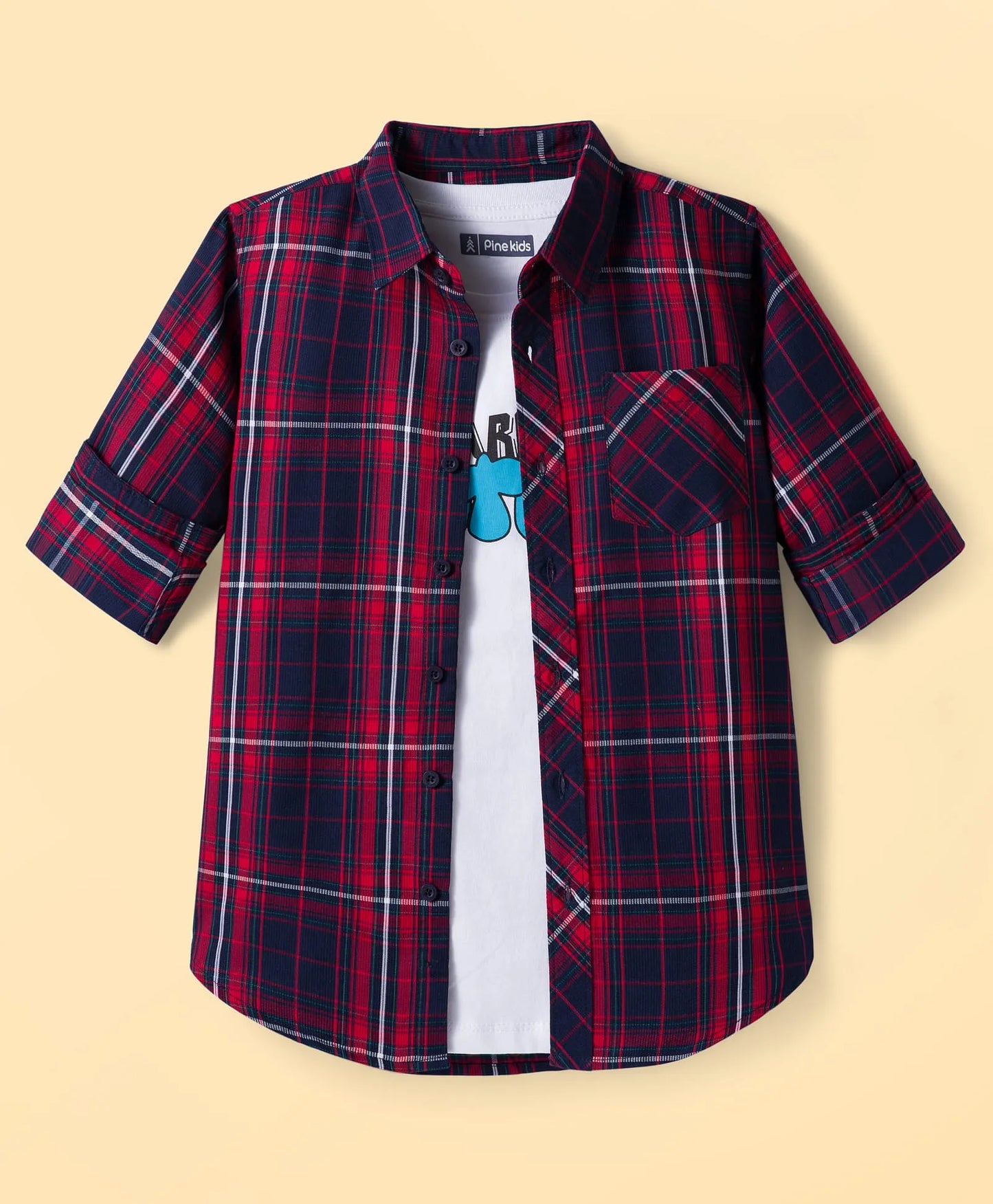 Pine Kids Cotton Woven Full Sleeves Check Shirt with Inner T-Shirt - Red & White