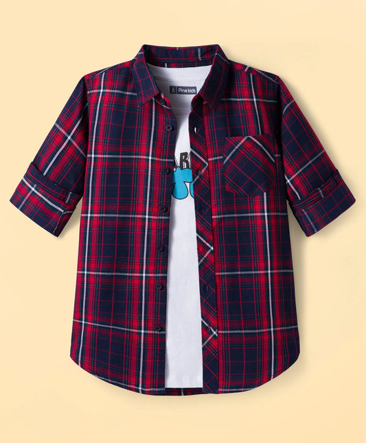 Pine Kids Cotton Woven Full Sleeves Check Shirt with Inner T-Shirt - Red & White