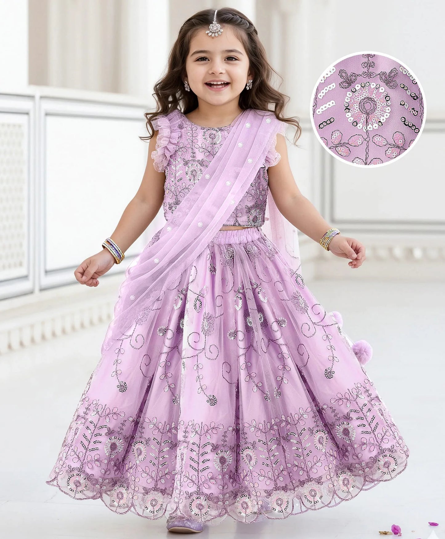 Babyhug Net Woven Ruffle Sleeve Choli Lehenga & Dupatta Set with Floral Sequenced Embroidery - Lavender