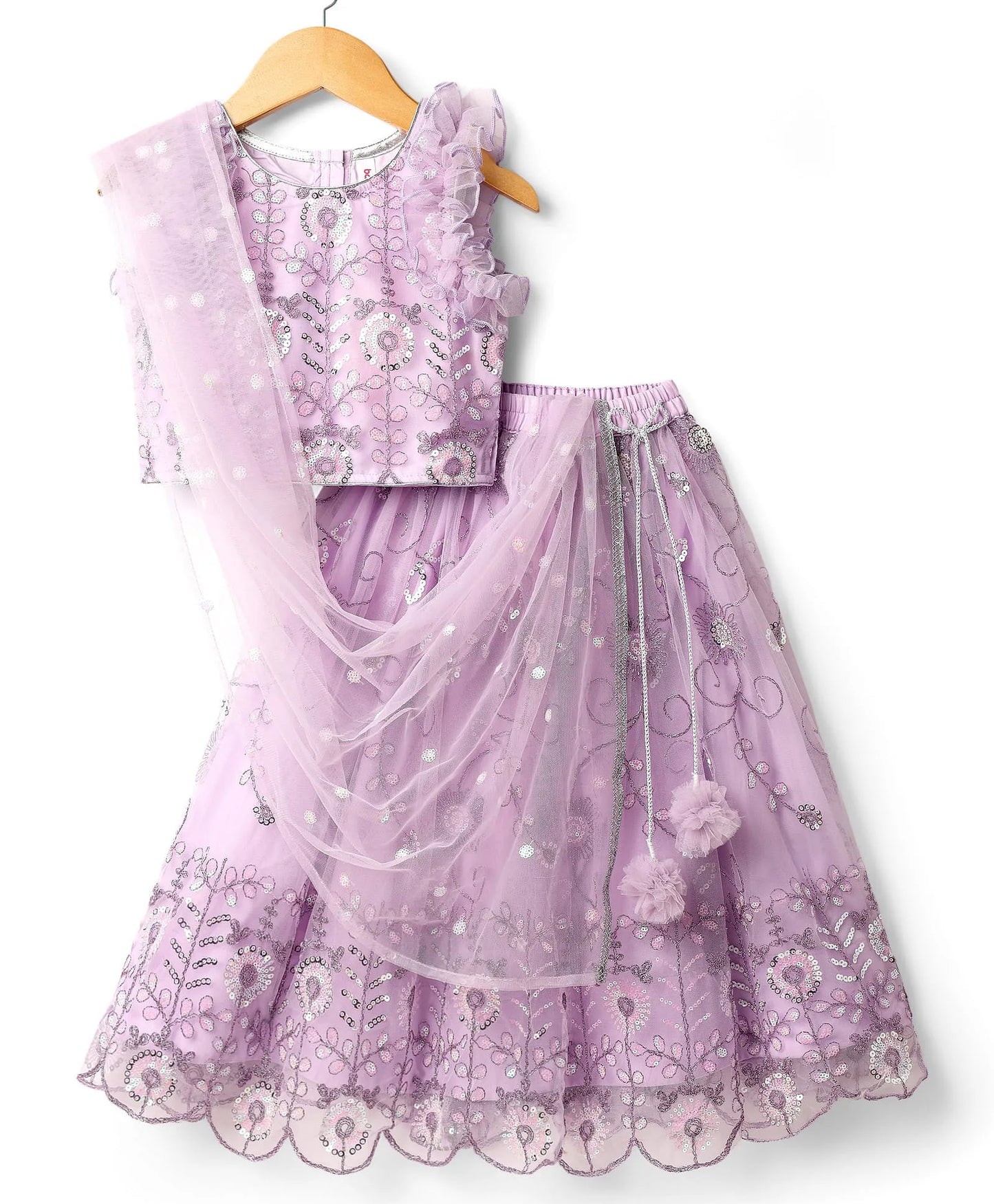 Babyhug Net Woven Ruffle Sleeve Choli Lehenga & Dupatta Set with Floral Sequenced Embroidery - Lavender