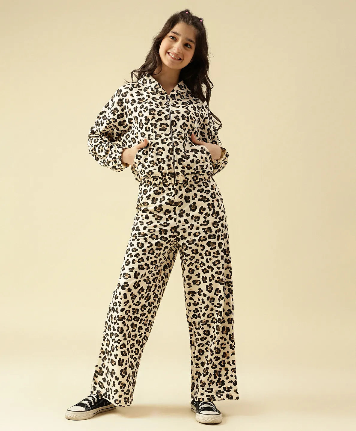 Lil Tomatoes Cotton Looper Knit Full Sleeves Leopard Printed Light Winter Hooded Sweatshirt With Coordinating Track Pants Set - Cream