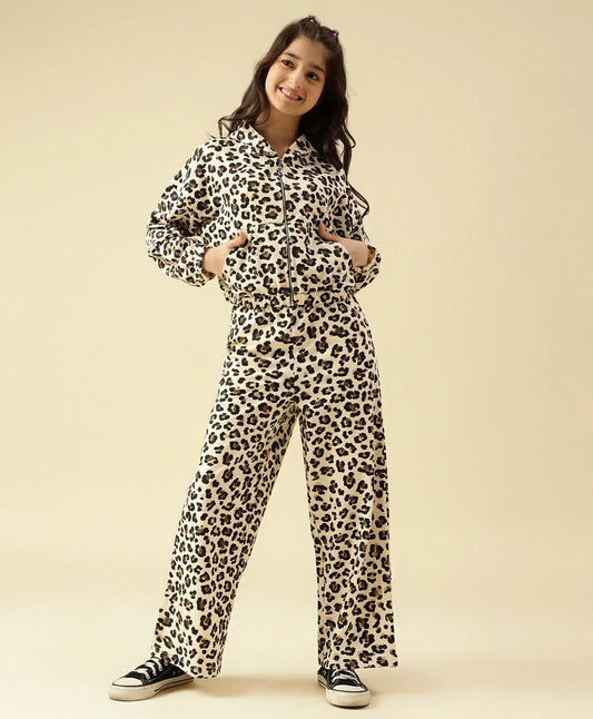 Lil Tomatoes Cotton Looper Knit Full Sleeves Leopard Printed Light Winter Hooded Sweatshirt With Coordinating Track Pants Set - Cream