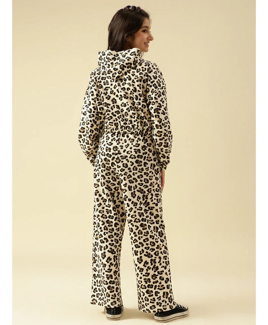 Lil Tomatoes Cotton Looper Knit Full Sleeves Leopard Printed Light Winter Hooded Sweatshirt With Coordinating Track Pants Set - Cream