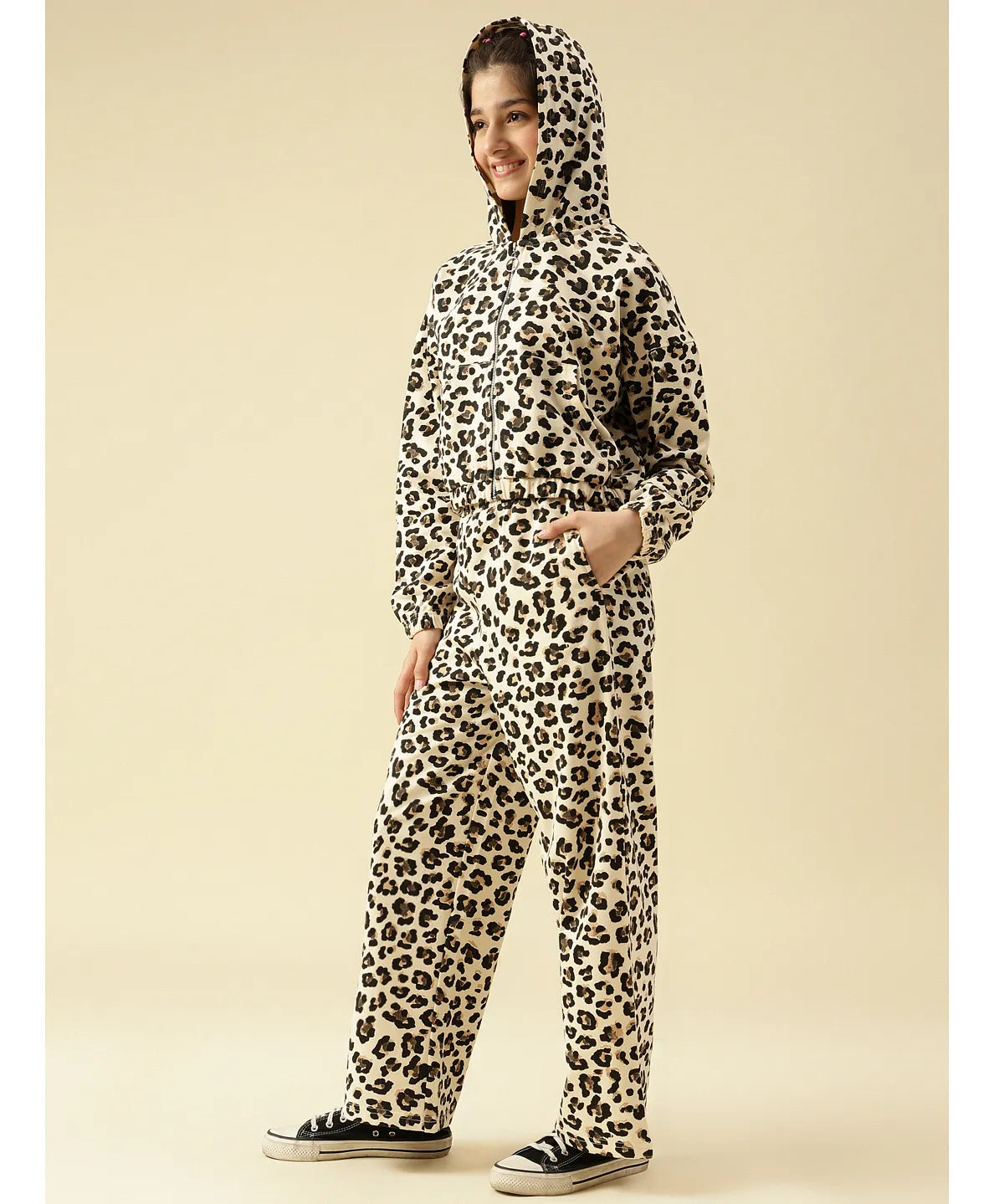 Lil Tomatoes Cotton Looper Knit Full Sleeves Leopard Printed Light Winter Hooded Sweatshirt With Coordinating Track Pants Set - Cream