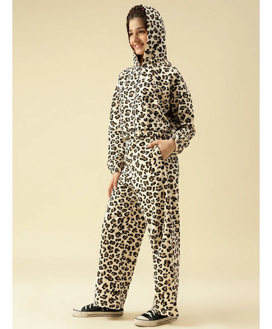 Lil Tomatoes Cotton Looper Knit Full Sleeves Leopard Printed Light Winter Hooded Sweatshirt With Coordinating Track Pants Set - Cream