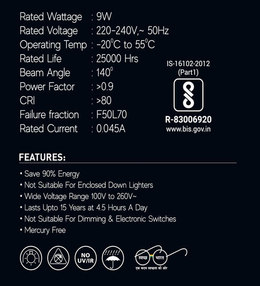 9 W Standard B22 LED Bulb (White, Pack of 2)
pf-share-iconShare
By Goldmedal