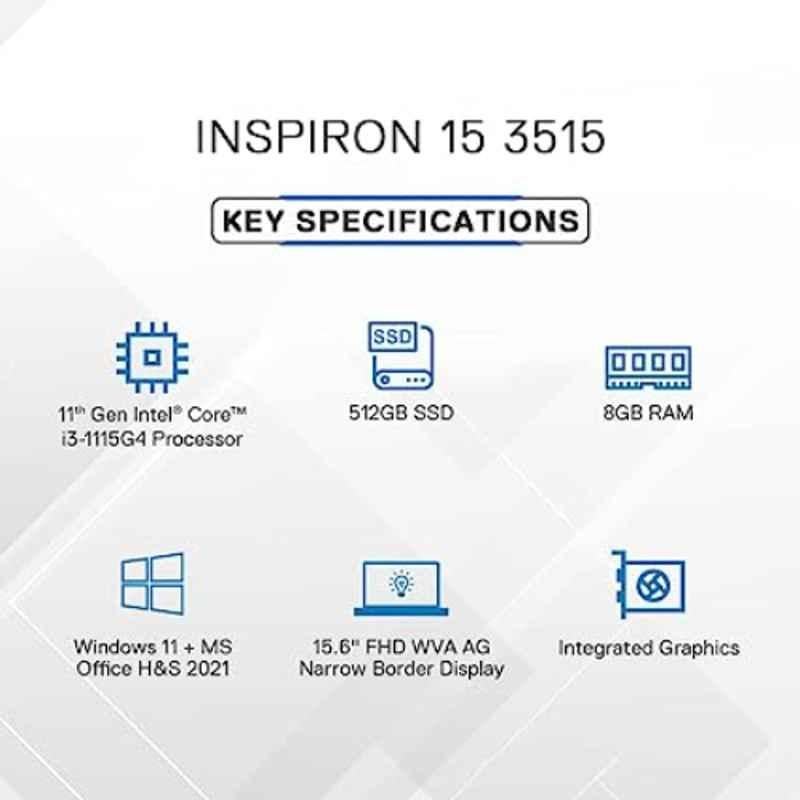 Dell 3511 Platinum Silver Laptop with MS Office 11th Gen Core i3 8GB/512GB SSD/Win 11 Home & 15.6 inch Display, D560749WIN9S