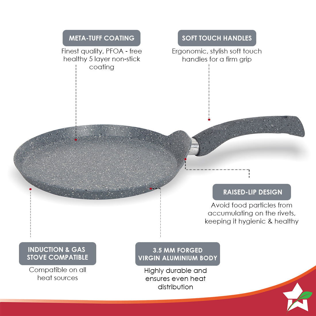 Granite 24cm Non-Stick Dosa Tawa Induction Bottom Soft-Touch Handles Virgin Aluminium PFOA/Heavy Metals Free 3.5mm 2 Year Warranty Grey