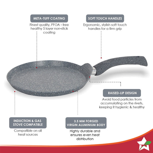 Granite 24cm Non-Stick Dosa Tawa Induction Bottom Soft-Touch Handles Virgin Aluminium PFOA/Heavy Metals Free 3.5mm 2 Year Warranty Grey