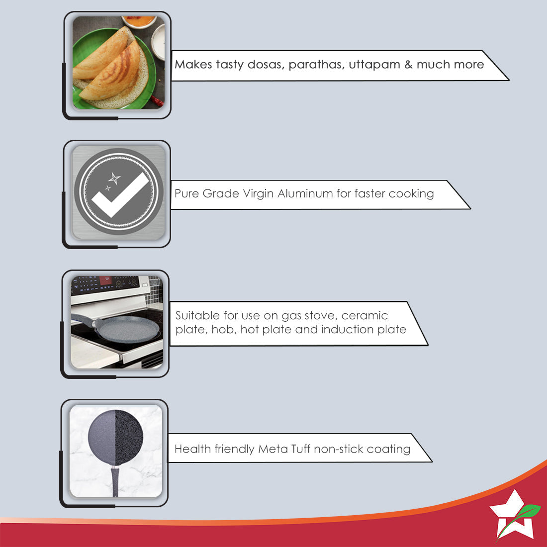 Granite 24cm Non-Stick Dosa Tawa Induction Bottom Soft-Touch Handles Virgin Aluminium PFOA/Heavy Metals Free 3.5mm 2 Year Warranty Grey