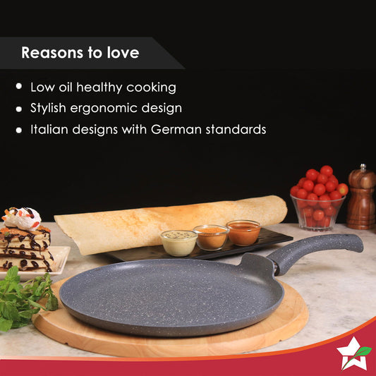 Granite 24cm Non-Stick Dosa Tawa Induction Bottom Soft-Touch Handles Virgin Aluminium PFOA/Heavy Metals Free 3.5mm 2 Year Warranty Grey