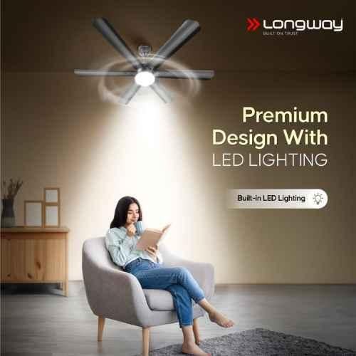 Longway Luminair 28W 5 Star Smoked Brown Anti-Dust Decorative BLDC Ceiling Fan with 6 Blade, Remote Control & LED Light, Sweep: 1200 mm