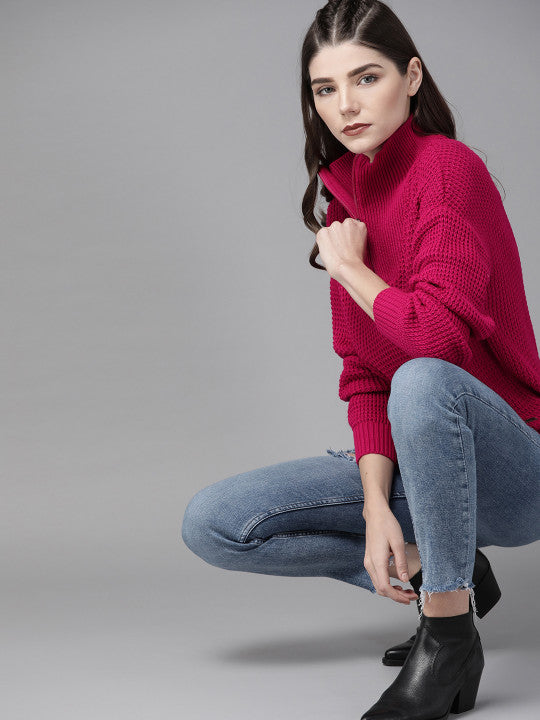 Roadster
Women Pink Self Design Sweater