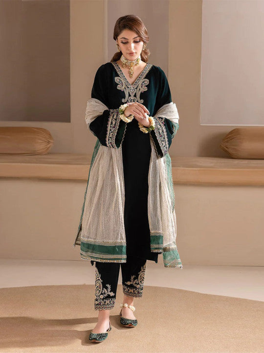 WAZIX Clothing
Floral Embroidered V Neck Zari Velvet Kurta With Trousers & Dupatta