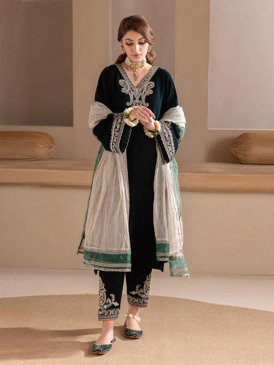WAZIX Clothing
Floral Embroidered V Neck Zari Velvet Kurta With Trousers & Dupatta